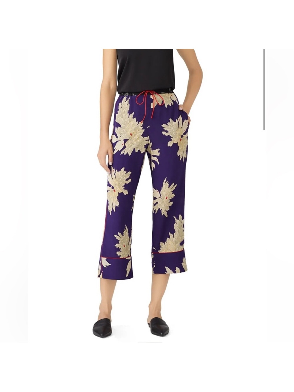 Zadig & Voltaire Purple Floral Cropped Drawstring Pants with Red Tie